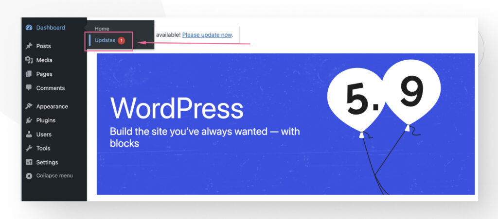 WordPress dashboard showing the Dashboard > Updates menu option