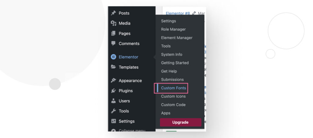 WordPress dashboard menu showing Elemetor features, with "Custom Fonts" highlighted