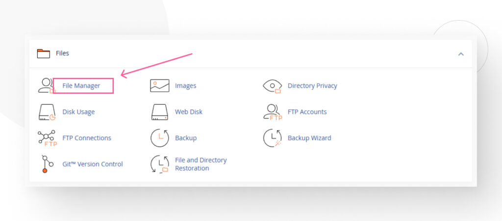 "File Manager" button in cPanel, highlighted with a square and arrow