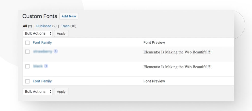 Elementor's Custom Fonts feature showing the available custom fonts the user has uploaded