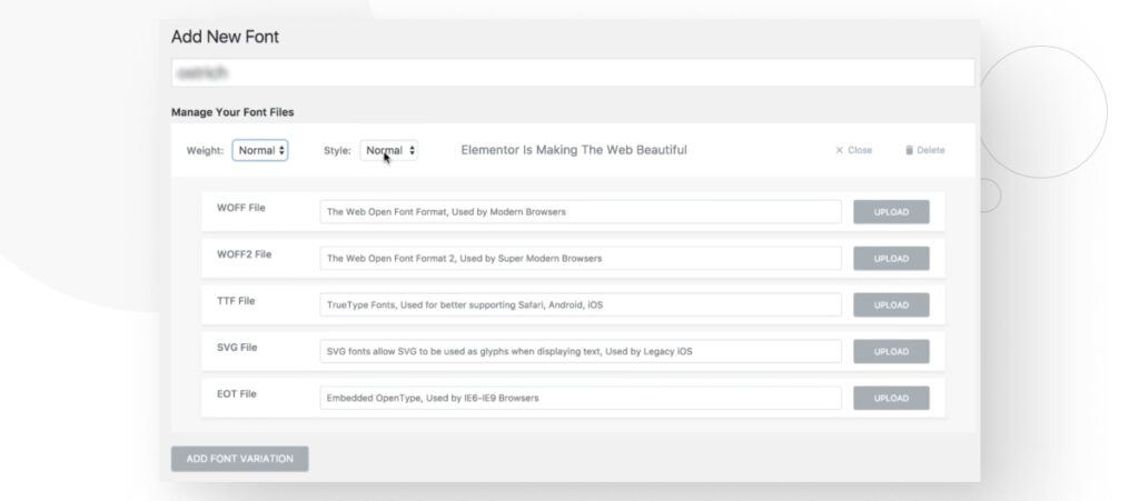 Elementor's "Add New Font" feature, showing several "Upload" buttons to upload fonts
