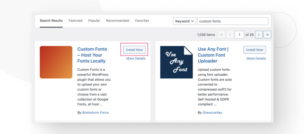 WordPress user searching for "custom fonts" in the plugin repository