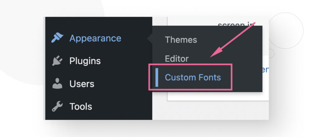 The "Appearance" menu in WordPress's dashboard, highlighting the "Custom Fonts" menu element
