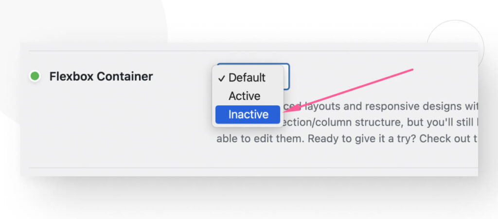 Deactivating the Flexbox Container feature in Elementor's Features settings