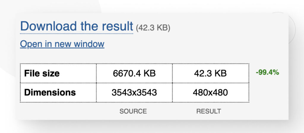 The result of GIFGIFS' GIF resize tool, showing the original size and the new size