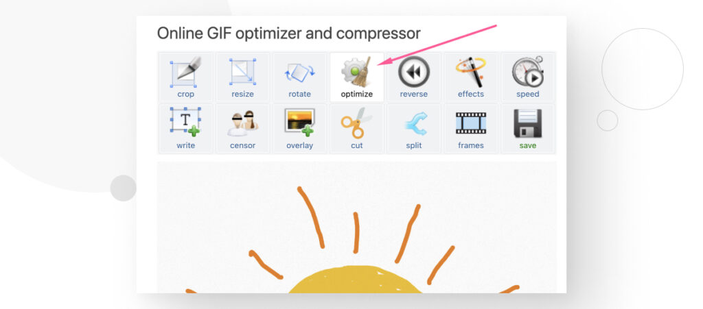 the "Optimize" button from EZGIF's GIF optimizer and compressor tool,