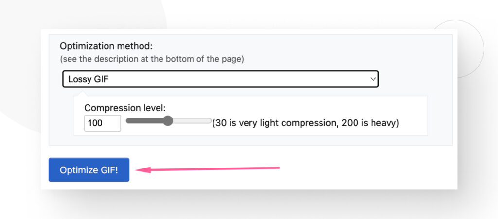 the "Optimize GIF" button from EZGIF's GIF optimizer and compressor tool,