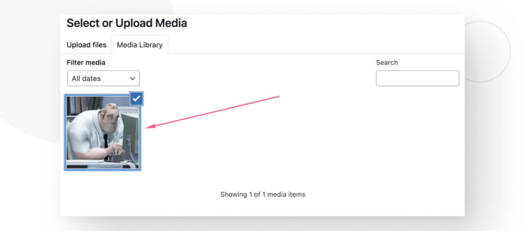 An image from the WordPress Media Library being selected