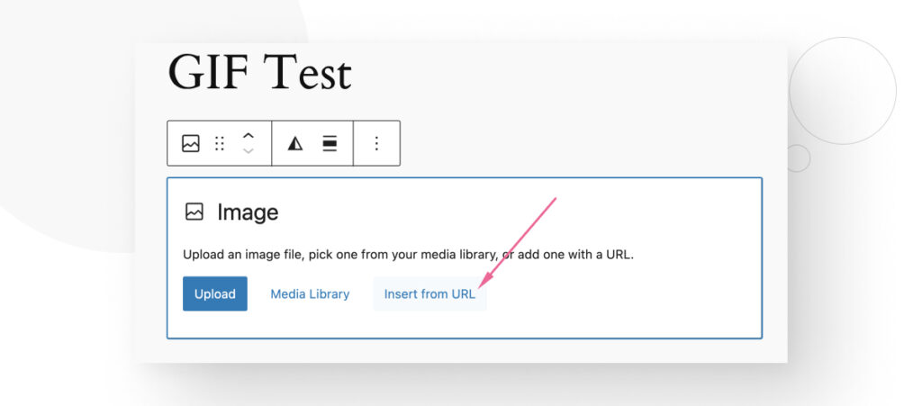WordPress's image block, highlighting the "Insert from URL" button