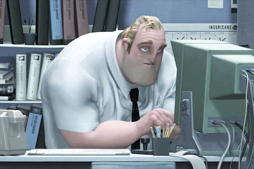 Mr. Incredible typing mindlessly in his office