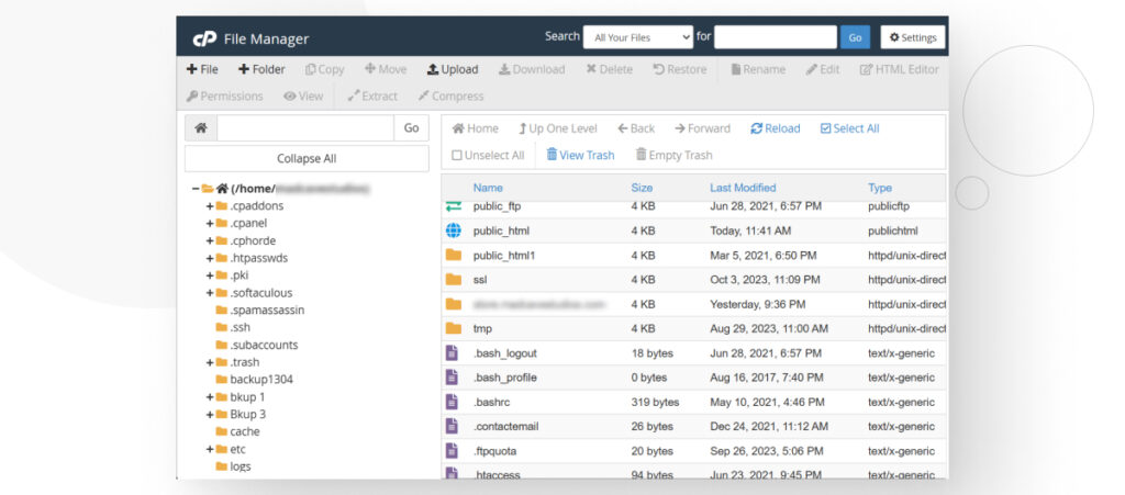 cPanel's File Manager, showing multiple folders