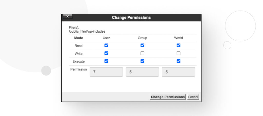 Los permisos de usuario de cPanel. La carpeta wp-includes tiene un permiso de 755