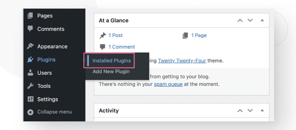 WordPress dashboard showing the Plugins > Installed Plugins menu option