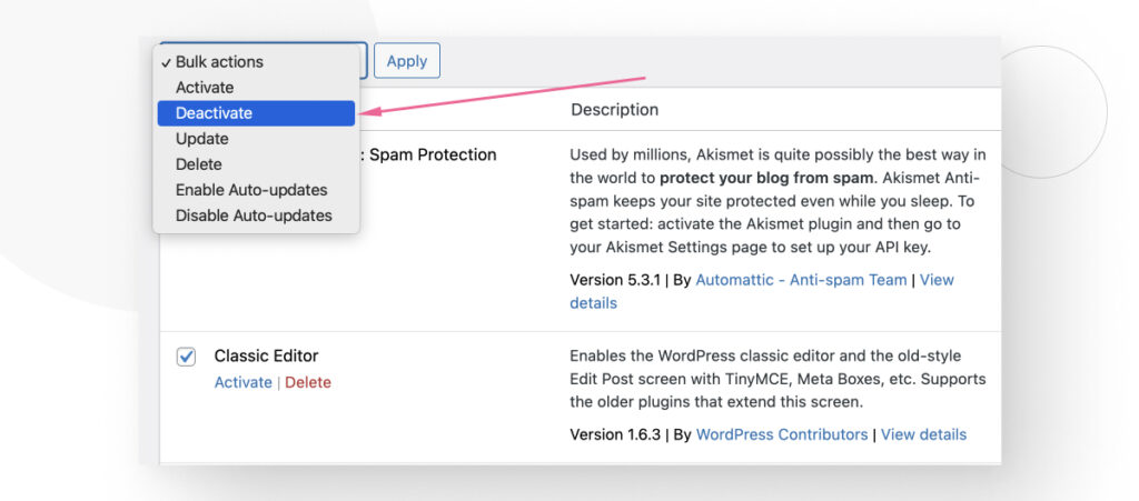 La opción 'Desactivar' en el menú de Acciones Masivas de WordPress
