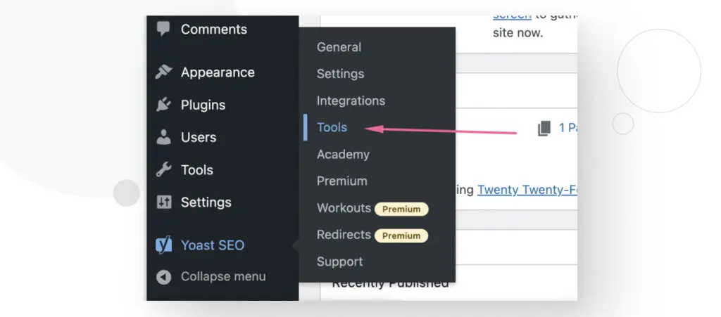 La opción "Herramientas" en el menú del panel de Yoast SEO