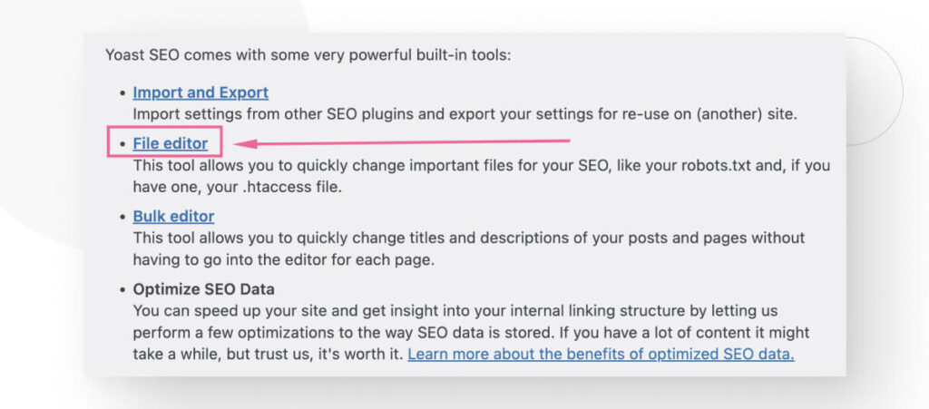 Yoast SEO's "Tools" screen, highlighting the "File Editor" feature