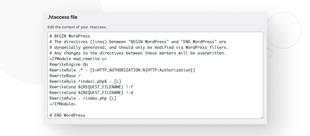 Yoast SEO's text box for modifying the .htaccess file