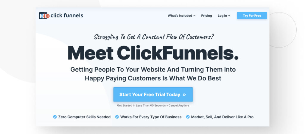 ClickFunnels front page, displaying the nav bar and a big blue button urging you to start your free trial