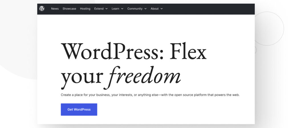 WordPress.org front page, displaying the message "Flex your freedom"