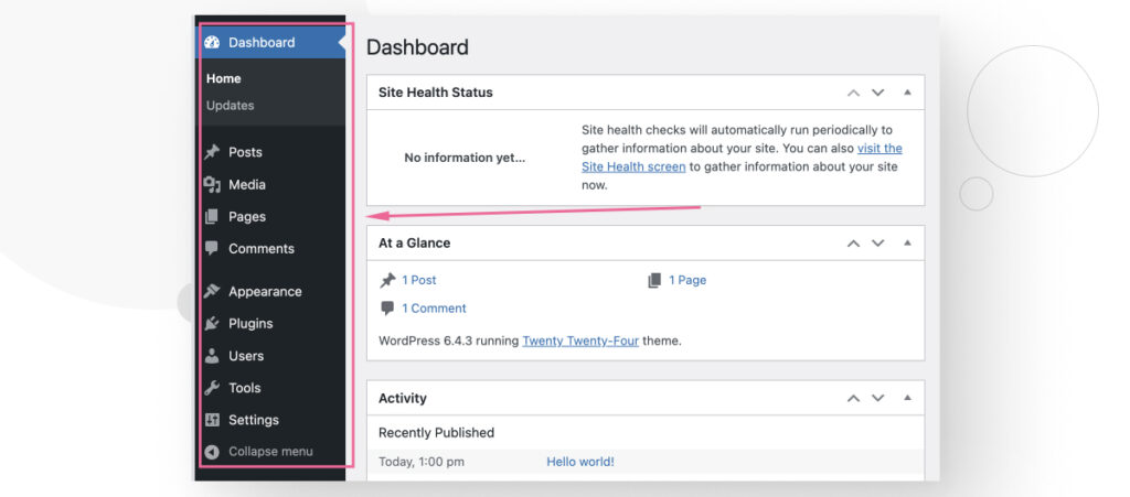 WordPress's dashboard, showing all the sidebar options available to the user