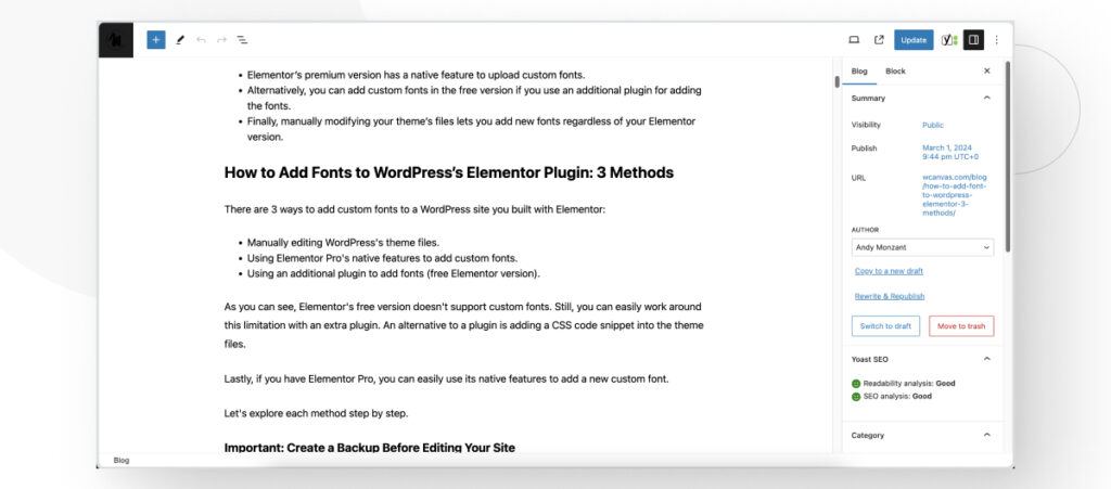 WordPress's Guteneberg editor, showing text and content management options
