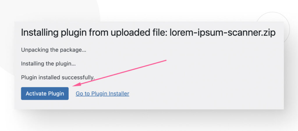 The "Activate Plugin" button that appears after uploading a plugin as a ZIP file