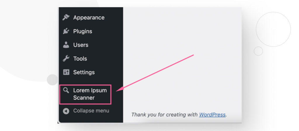 The Lorem Ipsum Scanner button that appears in the WordPress dashboard after installing the plugin