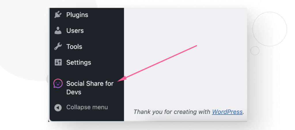 The WordPress admin dashboard, highlighting the Social Share for Devs