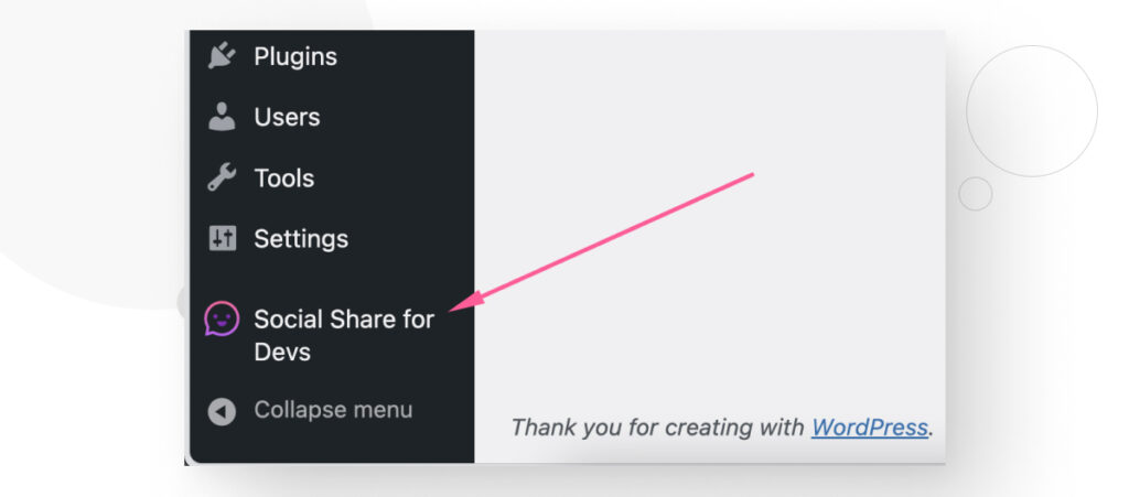 El panel de administración de WordPress, destacando Social Share for Devs