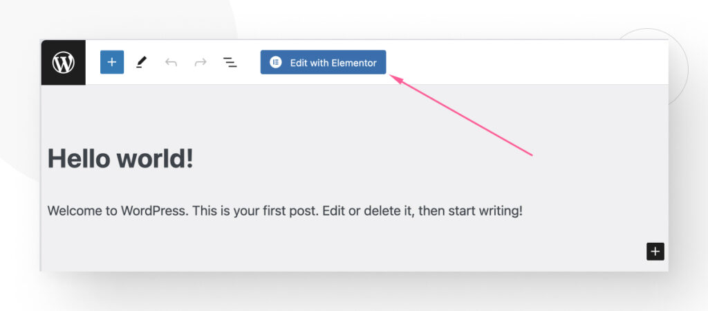 The WordPress Gutenberg edit, with an arrow pointing at the "Edit with Elementor" button