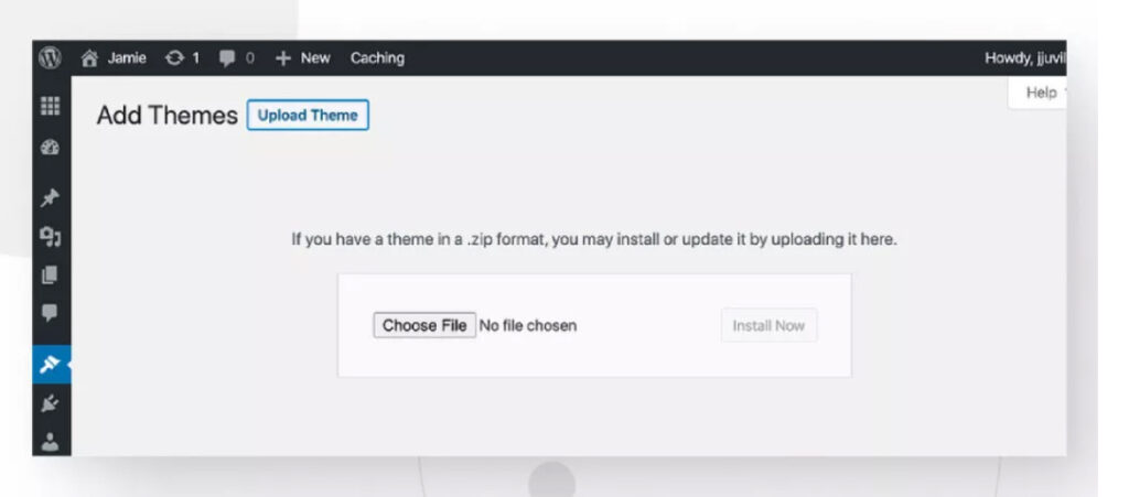 The "Add Themes" screen, prompting you to upload a theme in a .zip file