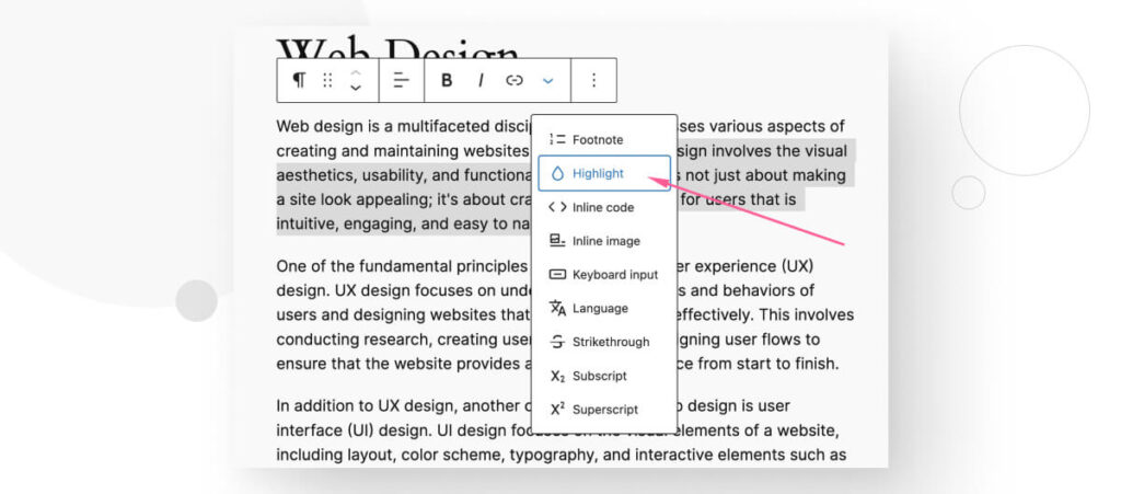 The Highlight feature in the WordPress editor