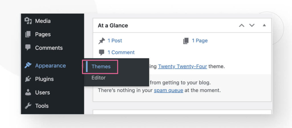 The Appearance menu in the WordPress admin dashboard, highlighting the Themes option