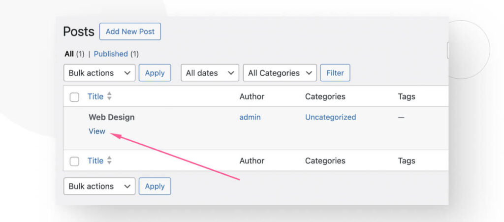 The All Posts menu in the WordPress admin, highlighting the View button