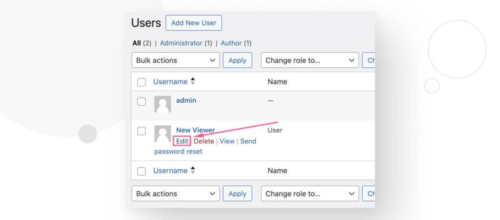 The Users menu in the WordPress admin, highlighting the Edit button