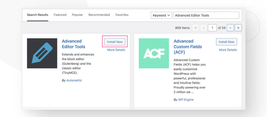 searching “advanced editor tools" in the WordPress plugin directory