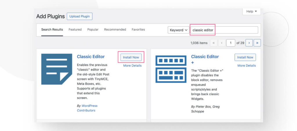 Searching for "classic editor" on WordPress's plugin directory