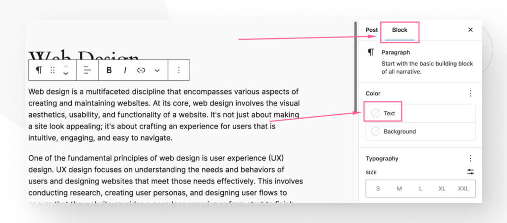 Changing the text block's color with the Block menu in WordPress