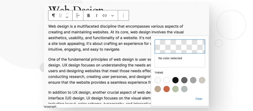 Changing the text block's color with the Block menu in WordPress