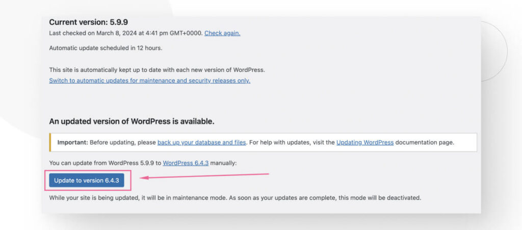 The "Update to version" button in the WordPress admin