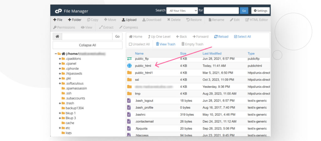 cPanel's File Manager interface, with an arrow pointing at the public_html directory