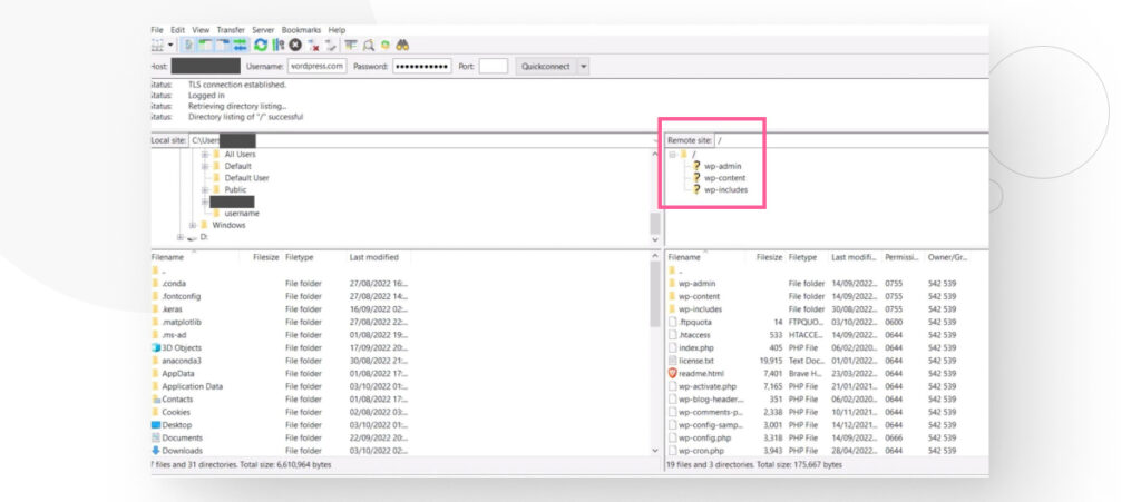 FileZilla screenshot highlighting the three main WordPress folders