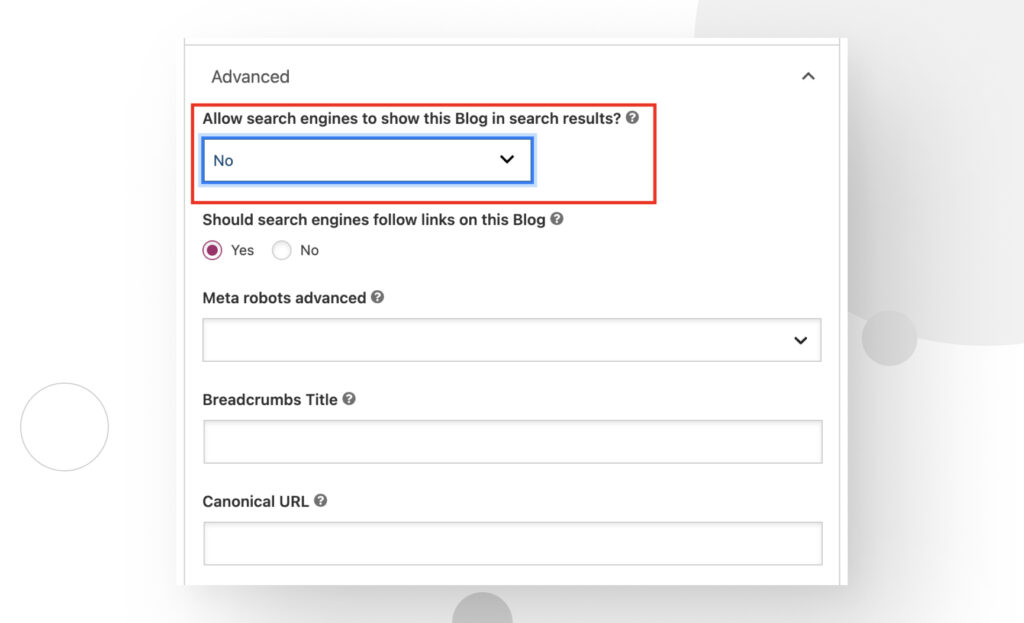 Advanced Yoast SEO options in WordPress, highlighting the option to allow search engine to display this page