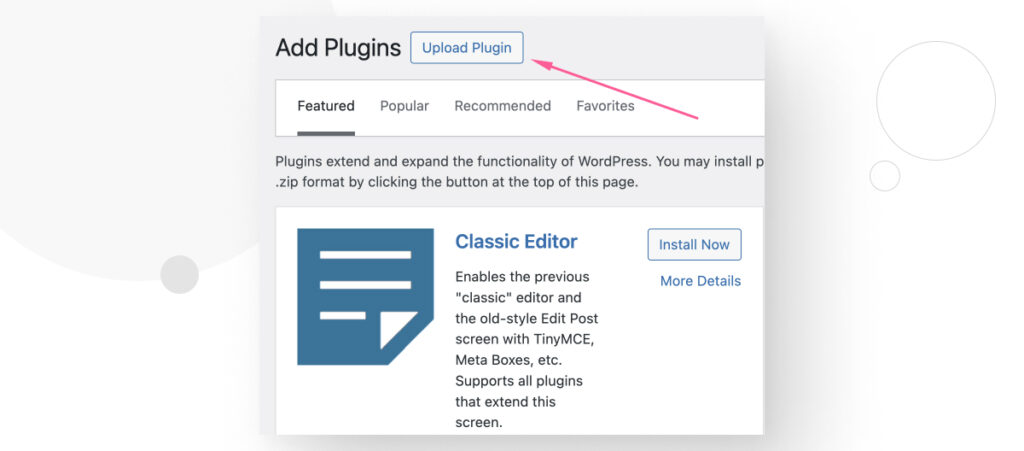 The Upload Plugin button in the WordPress Plugins menu