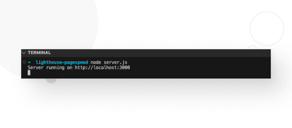 Una interfaz de terminal con código para ejecutar un servidor Node.js