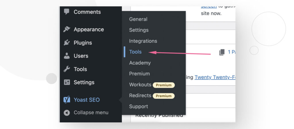 The WordPress dashboard interface. The user is accessing the "Tools" option from the "Yoast SEO" submenu