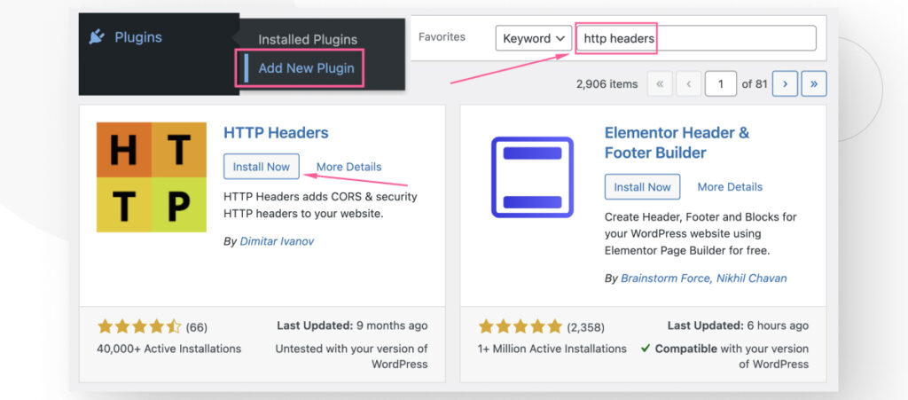 WordPress's plugin search interface, highlighting the plugin "HTTP Headers"