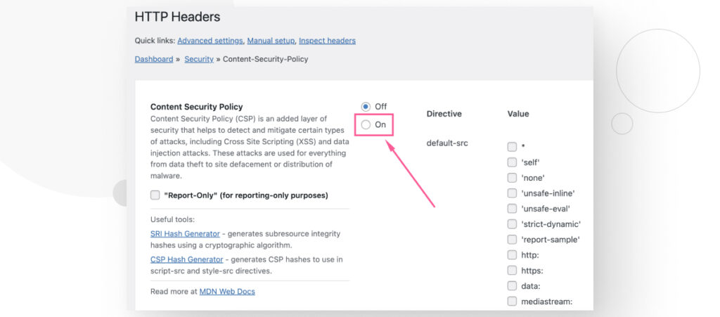 The "HTTP Headers" interface, highlighting the "On" checkbox that enables the Content Security Policy header for your WordPress site