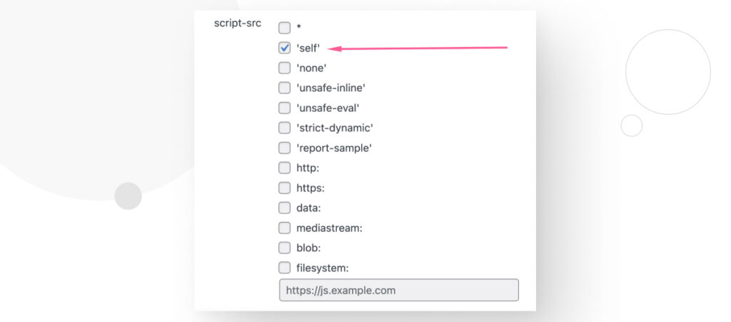 Interface of the "HTTP Headers" WordPress plugin A series of checkboxes activate keywords for the "script-src" directive