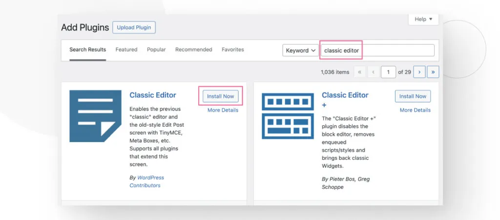 Buscador de "classic editor" en el directorio de plugins de WordPress